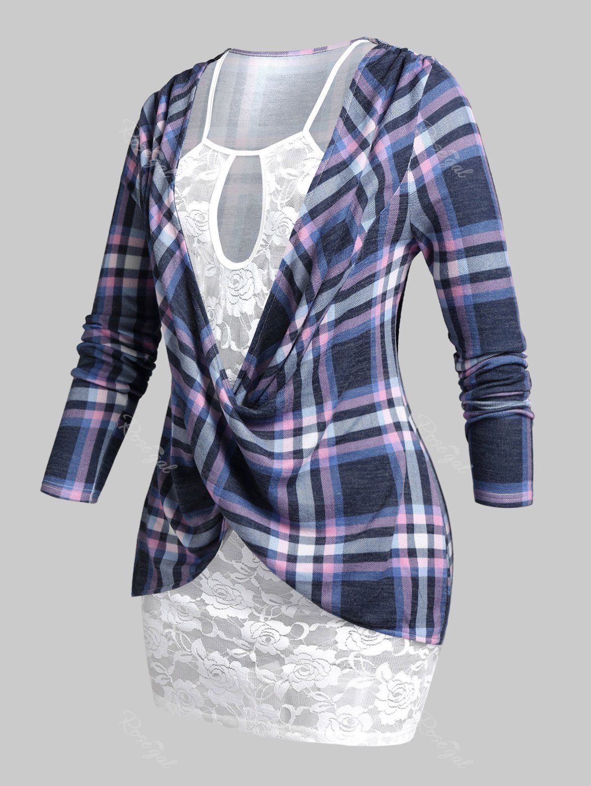 Outfit Plus Size Plaid Front Twist Keyhole 2 in 1 Top  
