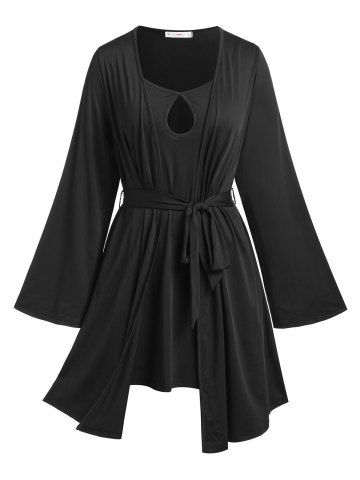 Plus Size Keyhole Cami Dress and Belted Robe Set - BLACK - L