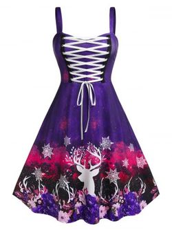 Plus Size Christmas Elk Snowflake Lace Up A Line Dress - PURPLE - L