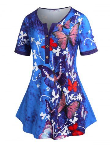 Plus Size&Curve Butterfly Print Tunic Henley Tee - BLUE - 1X