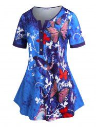 Plus Size&Curve Butterfly Print Tunic Henley Tee -  