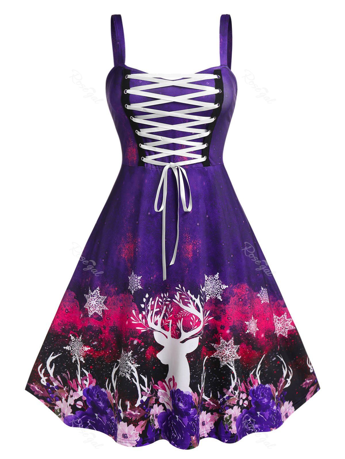 Buy Plus Size Christmas Elk Snowflake Lace Up A Line Dress  