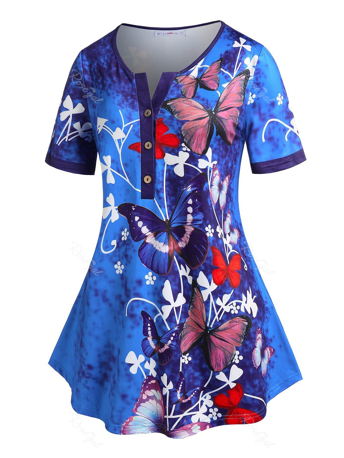 Buy Plus Size&Curve Butterfly Print Tunic Henley Tee  