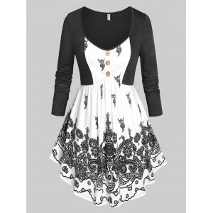 

Plus Size Retro Print Jersey Skirted Long Sleeve Tee, Black