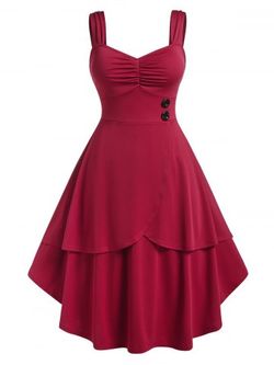 Plus Size Ruched Bust Button Layered Midi Dress - DEEP RED - L