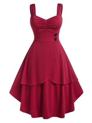 Plus Size Ruched Bust Button Layered Midi Dress