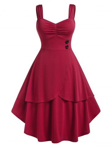Plus Size Ruched Bust Button Layered Midi Dress - DEEP RED - 5X