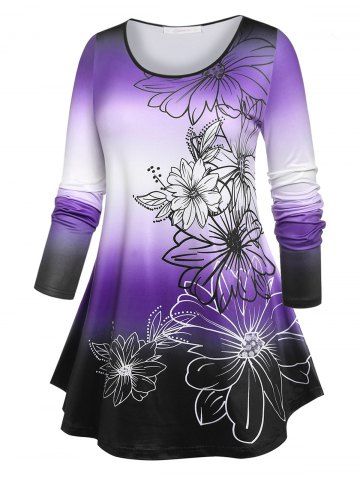Plus Size Gradient Color Floral Print T-shirt - PURPLE - 1X