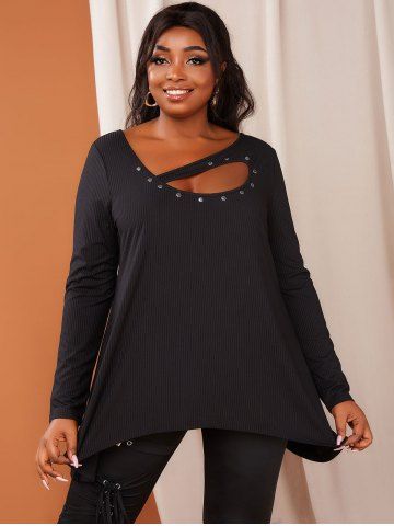 Plus Size Ribbed Cutout Rivet Uneven Hem Tunic Tee