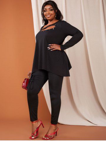 Plus Size Ribbed Cutout Rivet Uneven Hem Tunic Tee