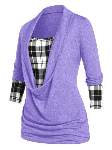 Plus Size Plaid Draped Ruched Long Sleeve Tee