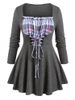Plus Size Plaid Lace Up Ruched Bust Skirted Knit T-shirt -  