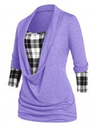 Plus Size Plaid Draped Ruched Long Sleeve Tee -  
