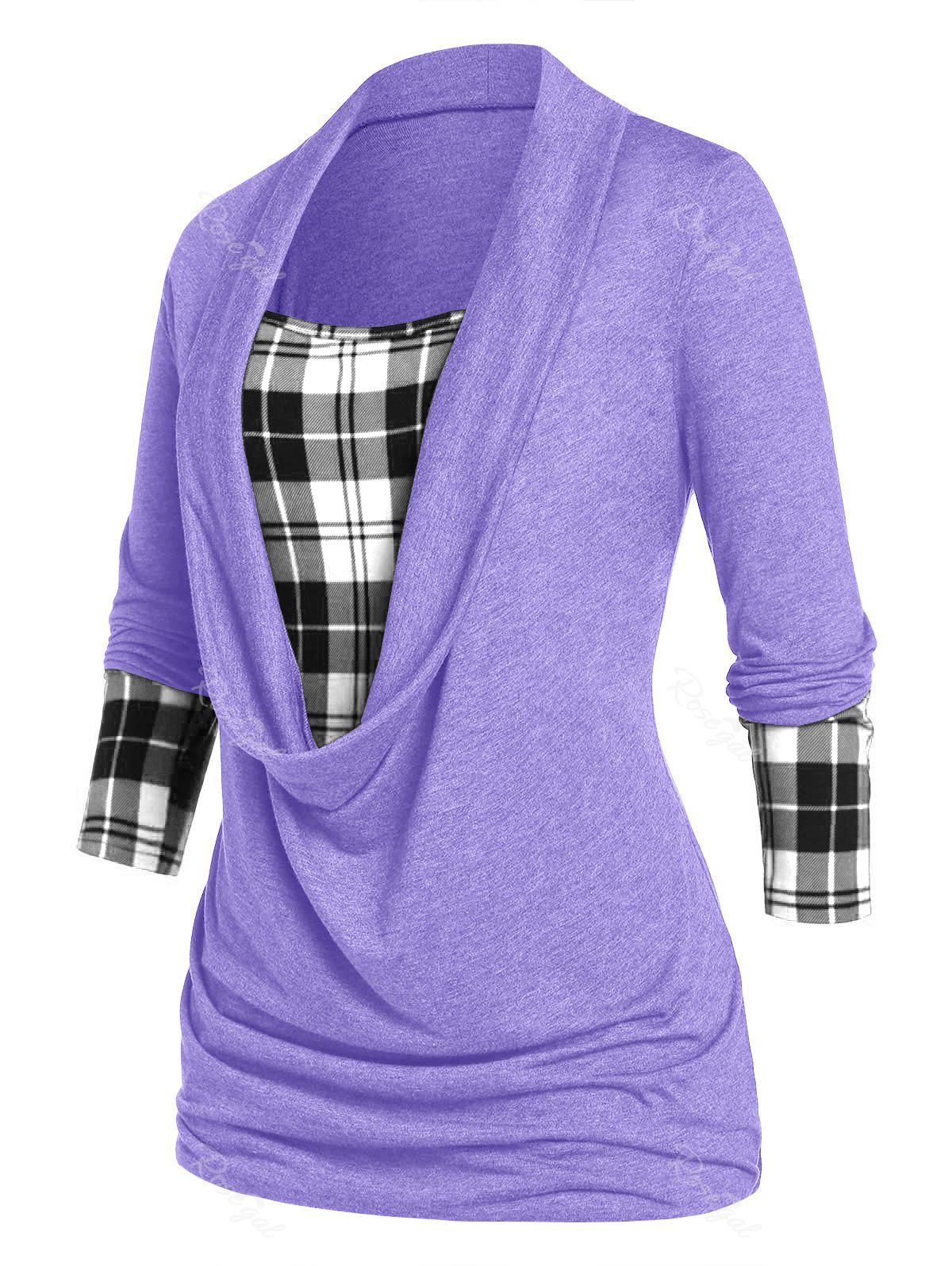 Outfit Plus Size Plaid Draped Ruched Long Sleeve Tee  