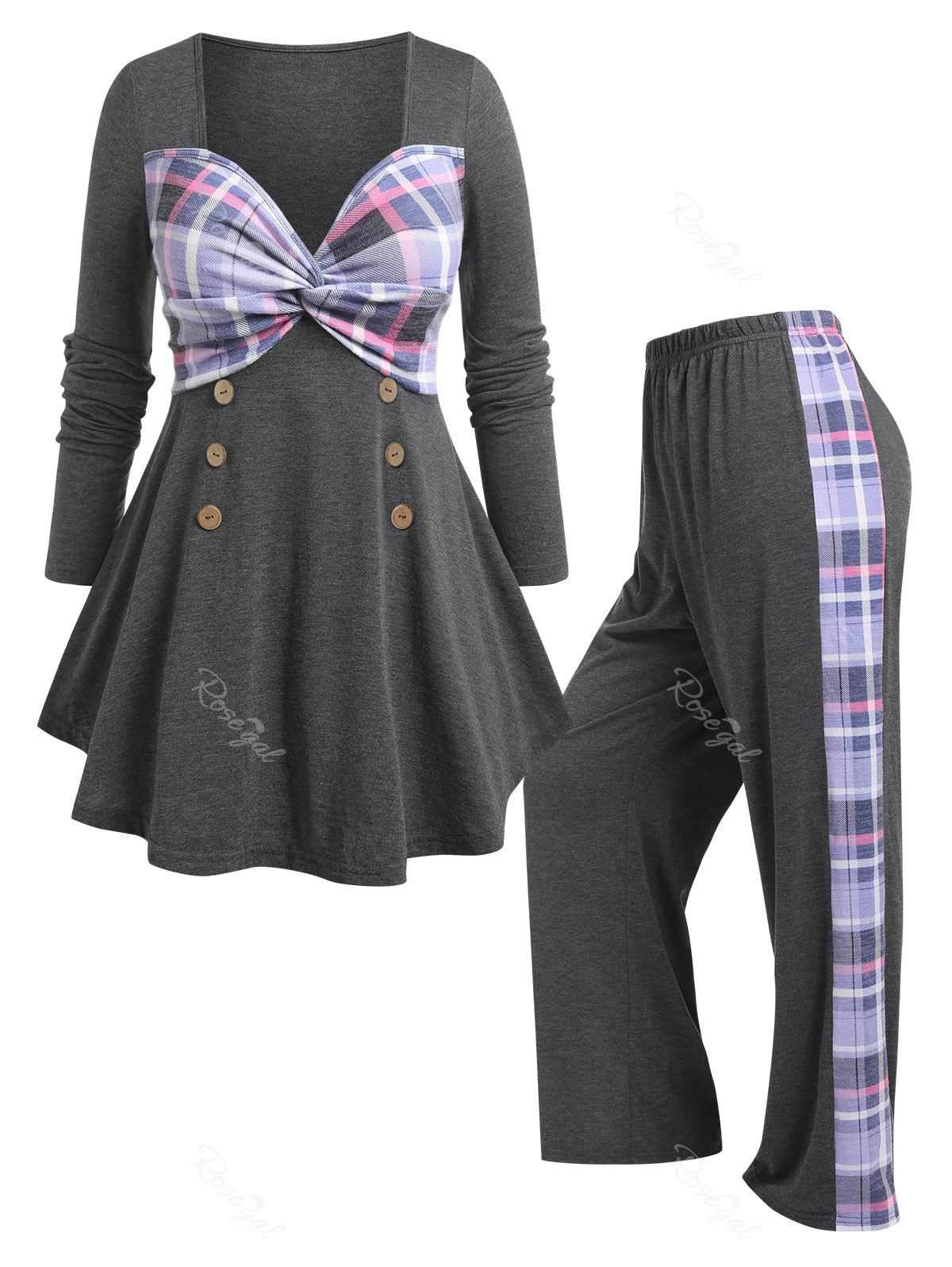 Unique Plus Size Twist Plaid Panel Pajamas T-shirt and Pants Set  