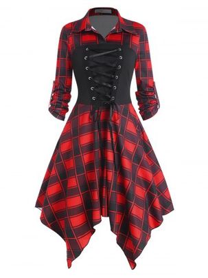 Lace Up Plaid Roll Up Sleeve Handkerchief Dress