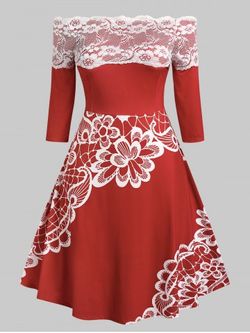 Robe d'Années 1950 Fleurie Imprimée Panneau en Dentelle à Epaule Dénudée de Grande Taille - RED - 5X