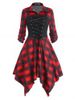Lace Up Plaid Roll Up Sleeve Handkerchief Dress -  