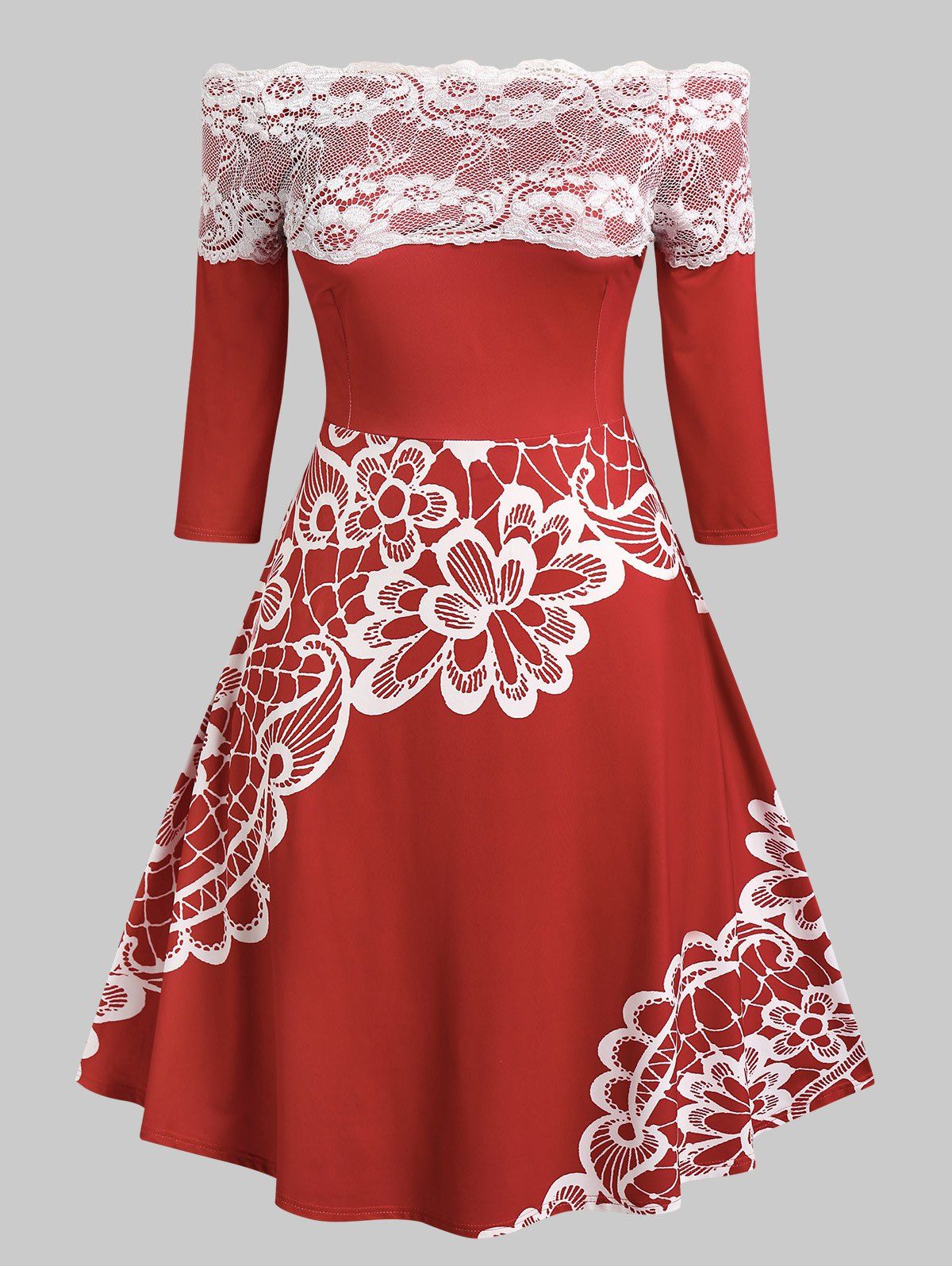 Robe d'Années 1950 Fleurie Imprimée Panneau en Dentelle à Epaule Dénudée de Grande Taille Rouge 5X
