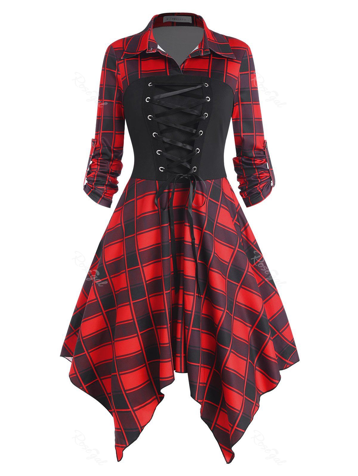 Hot Lace Up Plaid Roll Up Sleeve Handkerchief Dress  