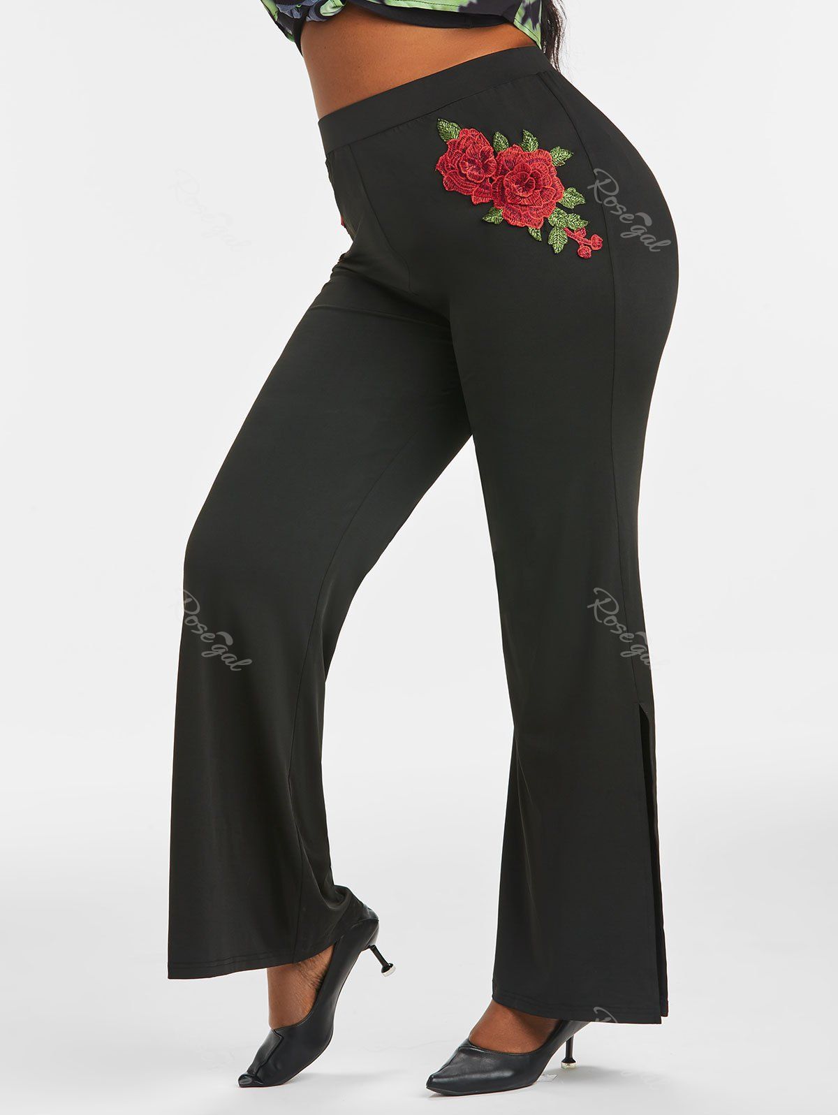 Pantalon Évasé à Applique Rose Brodée à Fente Grande Taille Noir L