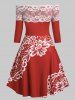 Robe d'Années 1950 Fleurie Imprimée Panneau en Dentelle à Epaule Dénudée de Grande Taille - Rouge 1X