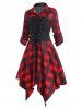 Lace Up Plaid Roll Up Sleeve Handkerchief Dress -  