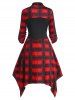 Lace Up Plaid Roll Up Sleeve Handkerchief Dress -  