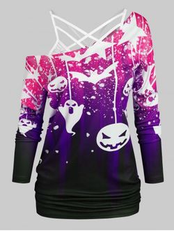 Halloween Bat Pumpkin Print T-shirt with Flower Lace Criss-cross Cami Top - CONCORD - XXXL