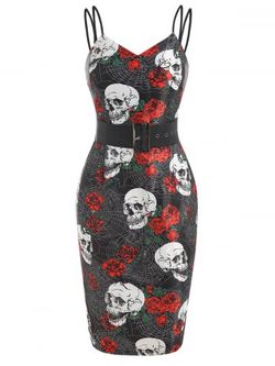 Robe Crayon D'Halloween Ceinturée à Imprimé Fleur et Crâne - BLACK - XL