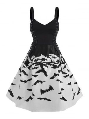 Halloween Bat Print Sweetheart Lace Up Dress