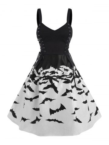 Halloween Bat Print Sweetheart Lace Up Dress - BLACK - 2XL