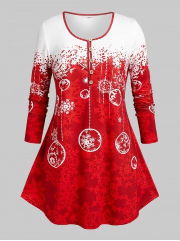 Plus Size Christmas Snowflake Print Henley T-shirt - RED - 1X