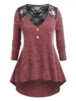 Plus Size Lace Insert High Low Knitted Tee - DEEP RED - 5X