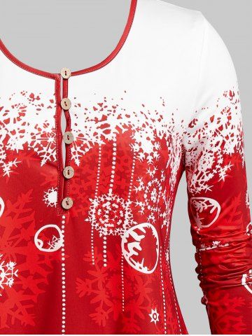 Plus Size Christmas Snowflake Print Henley T-shirt