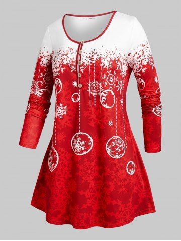 Plus Size Christmas Snowflake Print Henley T-shirt
