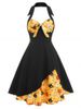 Halloween Pumpkin Skull Cat Print Bowknot Halter Dress -  