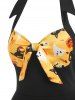 Halloween Pumpkin Skull Cat Print Bowknot Halter Dress -  