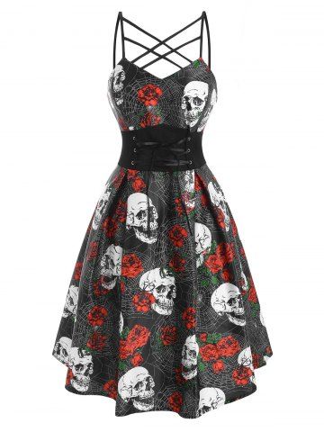 Vestido de Vaina con Estampado de Flores de Araña de Cráneo - BLACK - XL