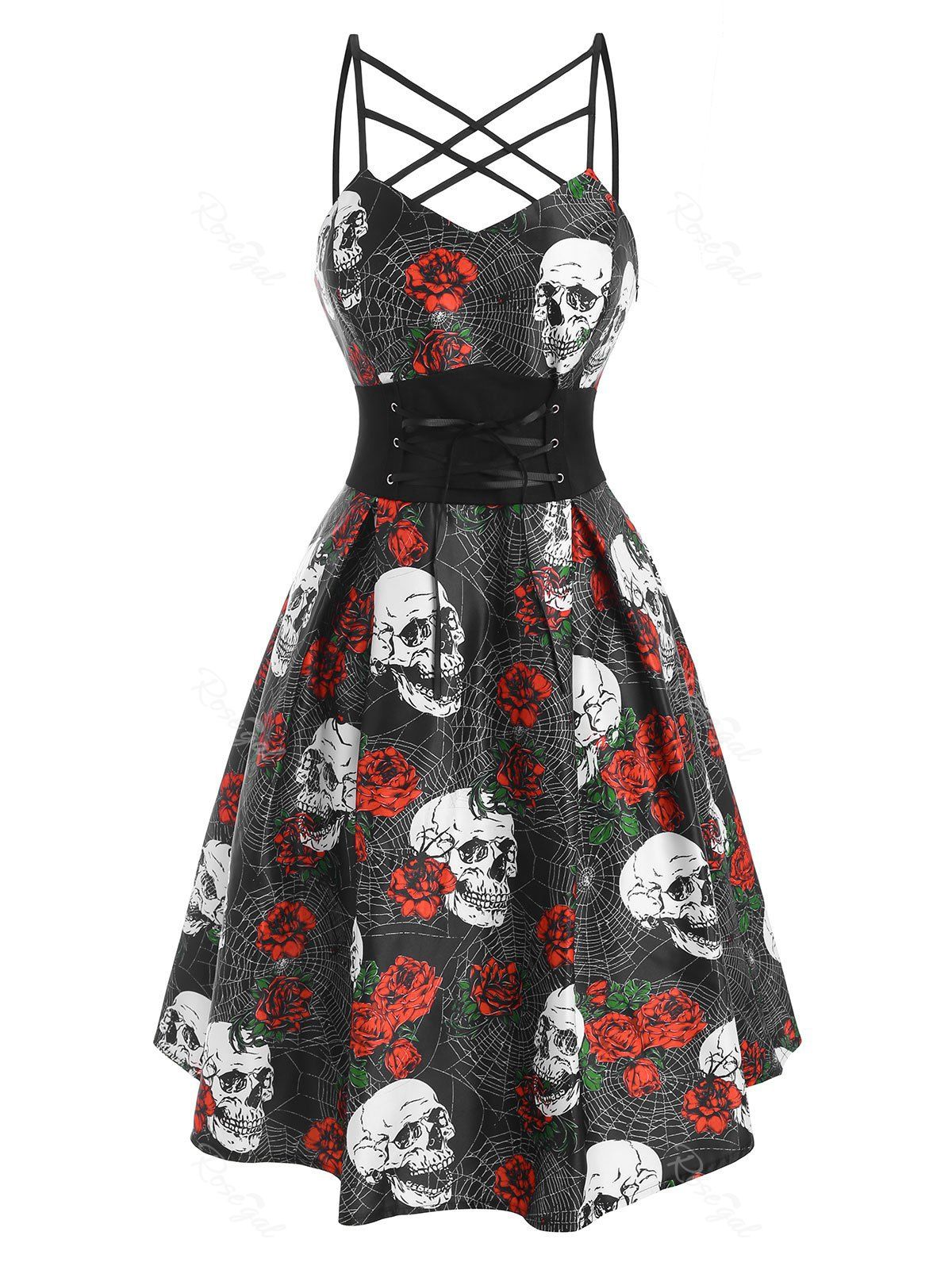 Outfit Halloween Skull Spider Web Flower Print Caged Lace Up Dress  