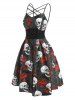 Halloween Skull Spider Web Flower Print Caged Lace Up Dress -  