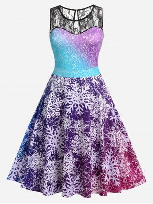 Plus Size Lace Insert Snowflake Print Christmas Dress