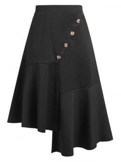 Plus Size Asymmetrical Pep Hem Buttoned High Rise Skirt - BLACK - L