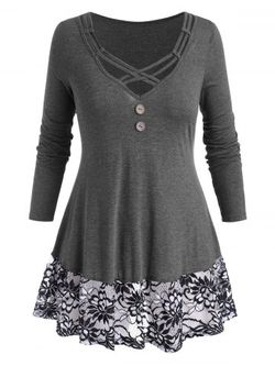 Plus Size Floral Lace Panel Crisscross T-shirt - GRAY - 3X