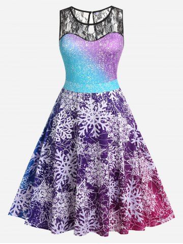 Plus Size Lace Insert Snowflake Print Christmas Dress - PURPLE - 1X