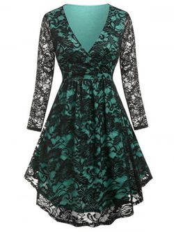 Plus Size Plunging Neckline Midi Lace Dress - BLACK - L