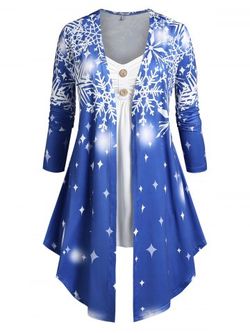 Plus Size Snowflake Mock Button 2fer T Shirt - BLUE - 5X