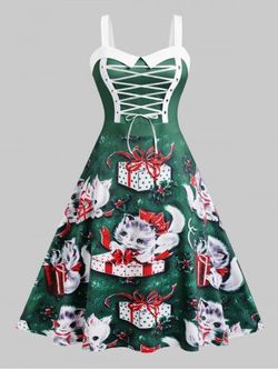 Plus Size Lace Up Gift Cat Print Christmas Dress - GREEN - 2X