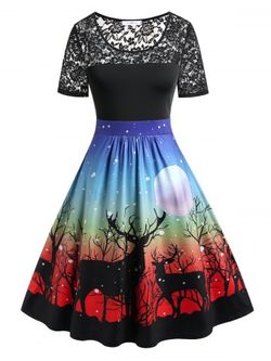Plus Size Elk Print Lace Panel Christmas Midi Dress - BLACK - L