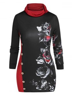 Plus Size Flower Print Mock Button Cowl Neck Sweatshirt - BLACK - 3X
